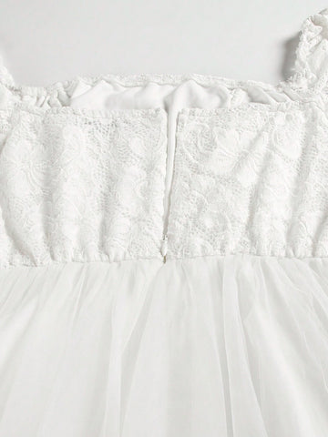 Romantic Wedding Dress With Lace, Square Neckline, Fitted Waist, Long Hem And Sheer Overskirt