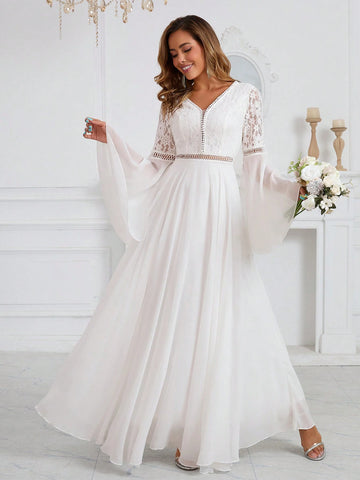 Romantic Women's Wedding Dress Lace Spliced Chiffon Long Sleeve Waist Floor Length Dress