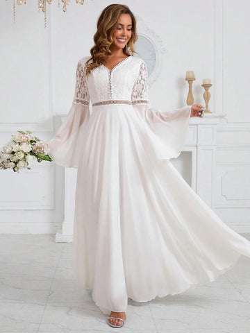 Romantic Women's Wedding Dress Lace Spliced Chiffon Long Sleeve Waist Floor Length Dress