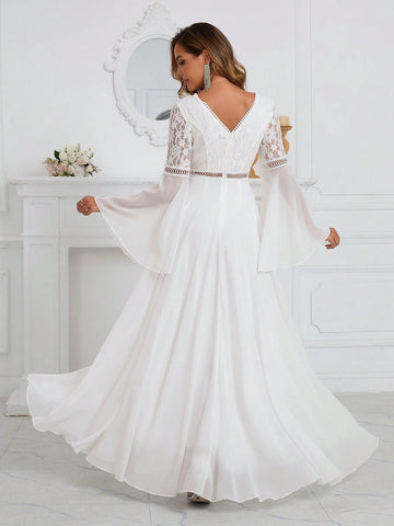 Romantic Women's Wedding Dress Lace Spliced Chiffon Long Sleeve Waist Floor Length Dress
