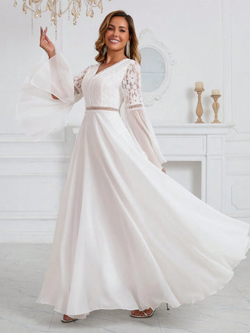 Romantic Women's Wedding Dress Lace Spliced Chiffon Long Sleeve Waist Floor Length Dress