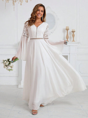 Romantic Women's Wedding Dress Lace Spliced Chiffon Long Sleeve Waist Floor Length Dress