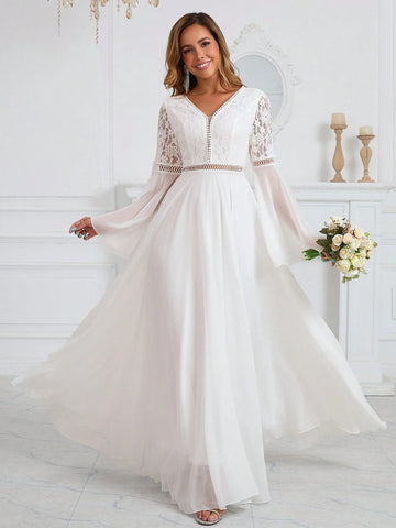 Romantic Women's Wedding Dress Lace Spliced Chiffon Long Sleeve Waist Floor Length Dress