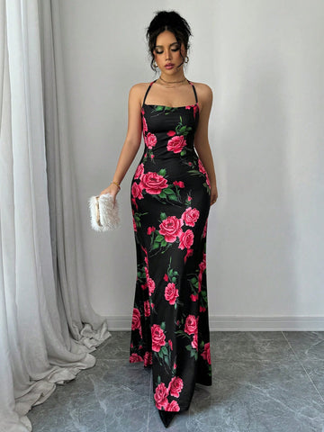 Rose Print Draped Neck Sexy Backless Tie Knot Slim Fit Elegant Mermaid Tail Cami Dress For Romantic Valentine's Day Dating,Party,New Women's Clothing