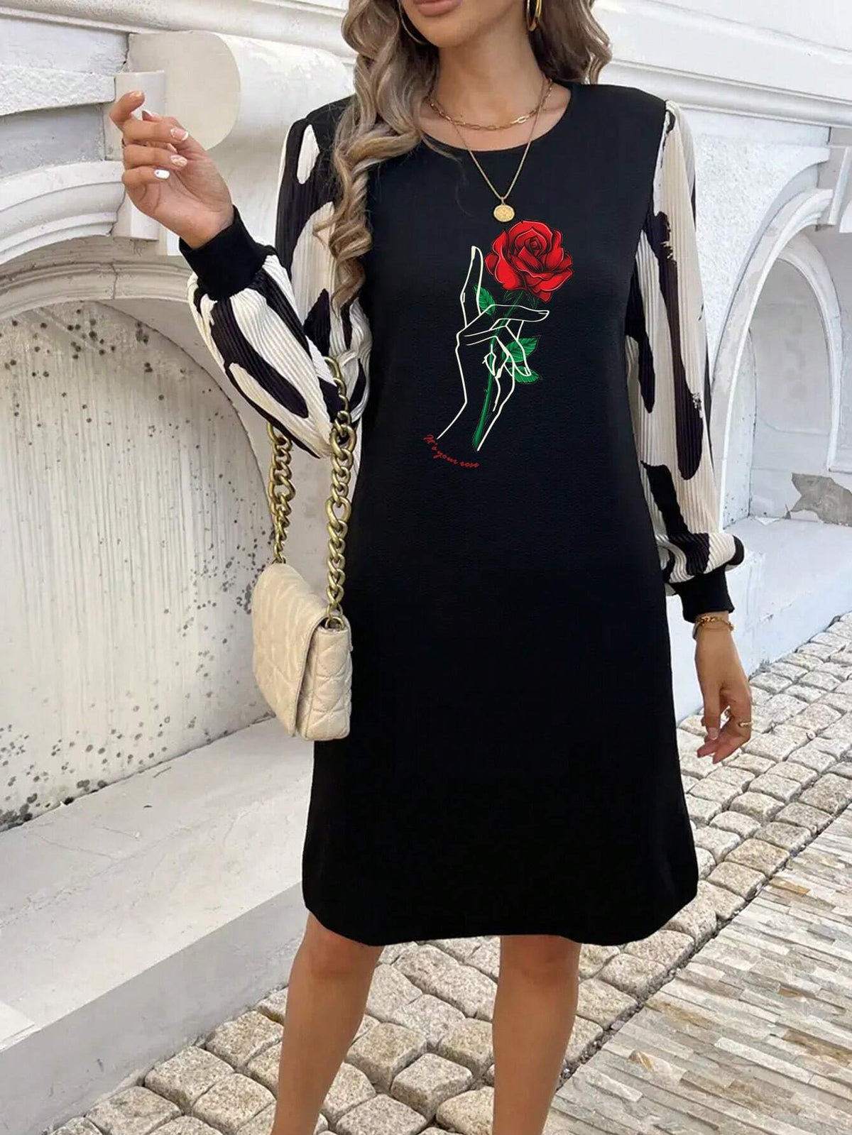 Rose Print Pattern, Casual Round Neck Long Sleeve Dress, Autumn Women's Wear