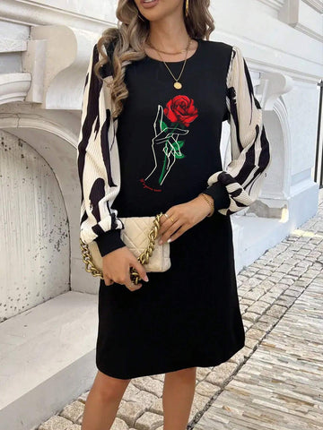 Rose Print Pattern, Casual Round Neck Long Sleeve Dress, Autumn Women's Wear