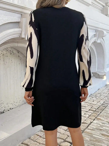 Rose Print Pattern, Casual Round Neck Long Sleeve Dress, Autumn Women's Wear