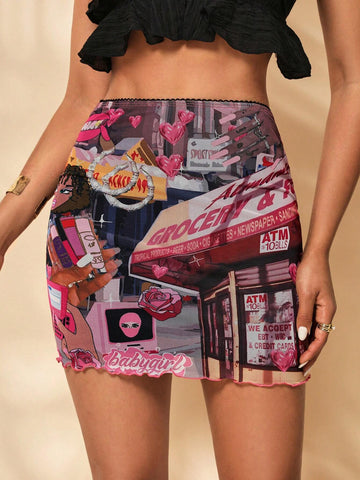 Roselyn Grullon Summer Y2K Elastic Mesh Fabric Fashionable Printed Bodycon Skirt