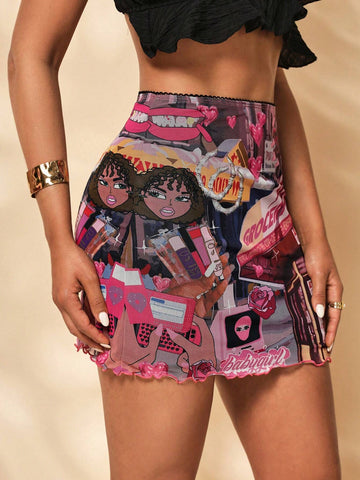 Roselyn Grullon Summer Y2K Elastic Mesh Fabric Fashionable Printed Bodycon Skirt