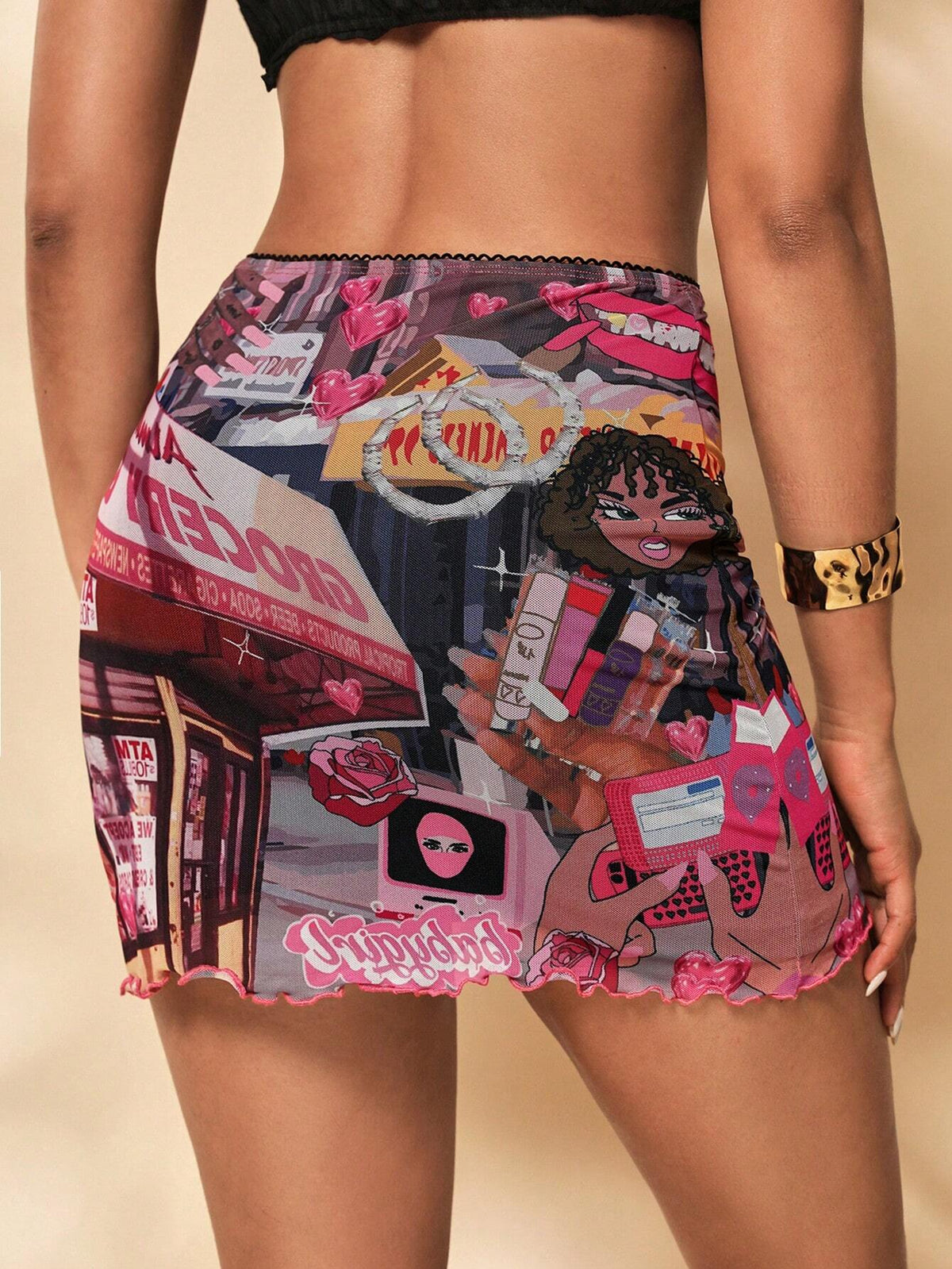 Roselyn Grullon Summer Y2K Elastic Mesh Fabric Fashionable Printed Bodycon Skirt