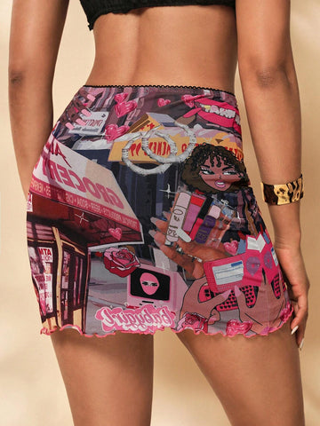 Roselyn Grullon Summer Y2K Elastic Mesh Fabric Fashionable Printed Bodycon Skirt