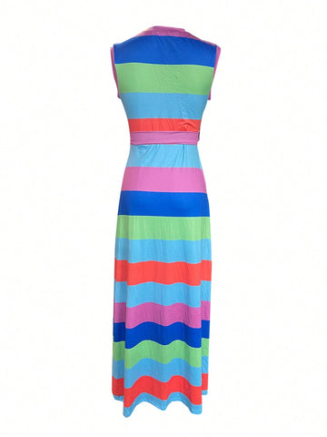 Round Collar Color-Blocked Striped Print Waist Belt Sleeveless Dress