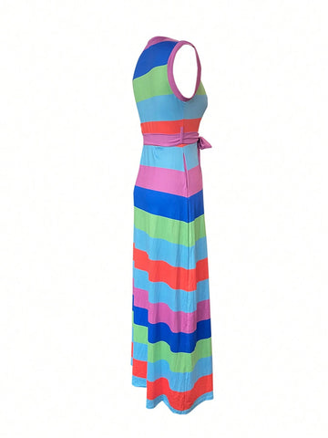 Round Collar Color-Blocked Striped Print Waist Belt Sleeveless Dress