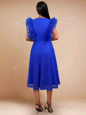 Round Neck A-Line Ruffle Hem Solid Color Party Dress For Women