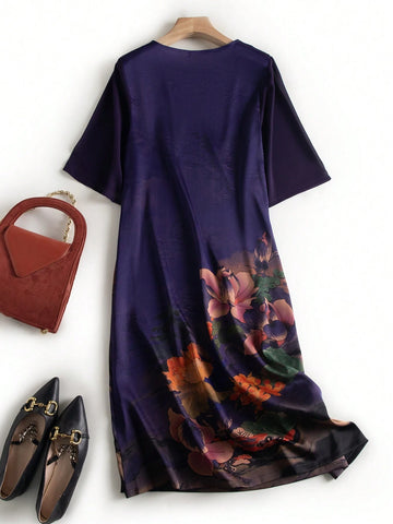 Round Neck Chinese Style Thin Button Up Mid Length Dress