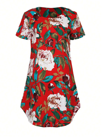 Round Neck Floral Printed Summer Casual Short Sleeve Dress