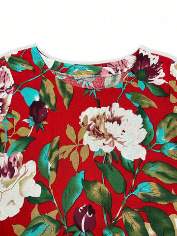 Round Neck Floral Printed Summer Casual Short Sleeve Dress