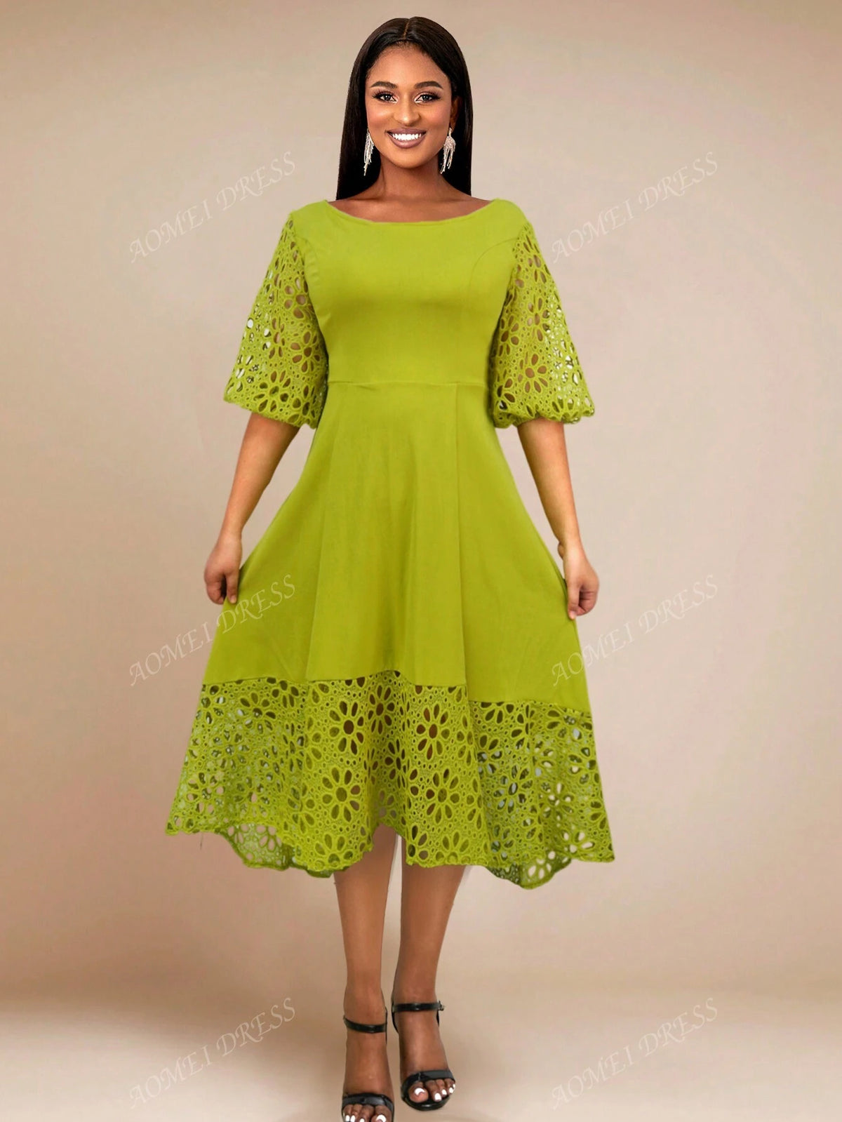 Round Neck Lace Open Shoulder Elegant A-Line Dress