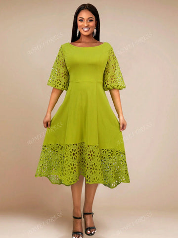 Round Neck Lace Open Shoulder Elegant A-Line Dress