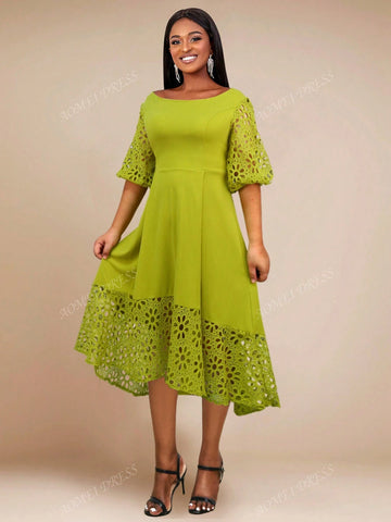 Round Neck Lace Open Shoulder Elegant A-Line Dress