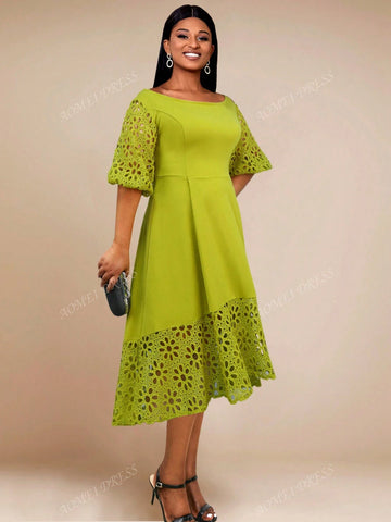 Round Neck Lace Open Shoulder Elegant A-Line Dress