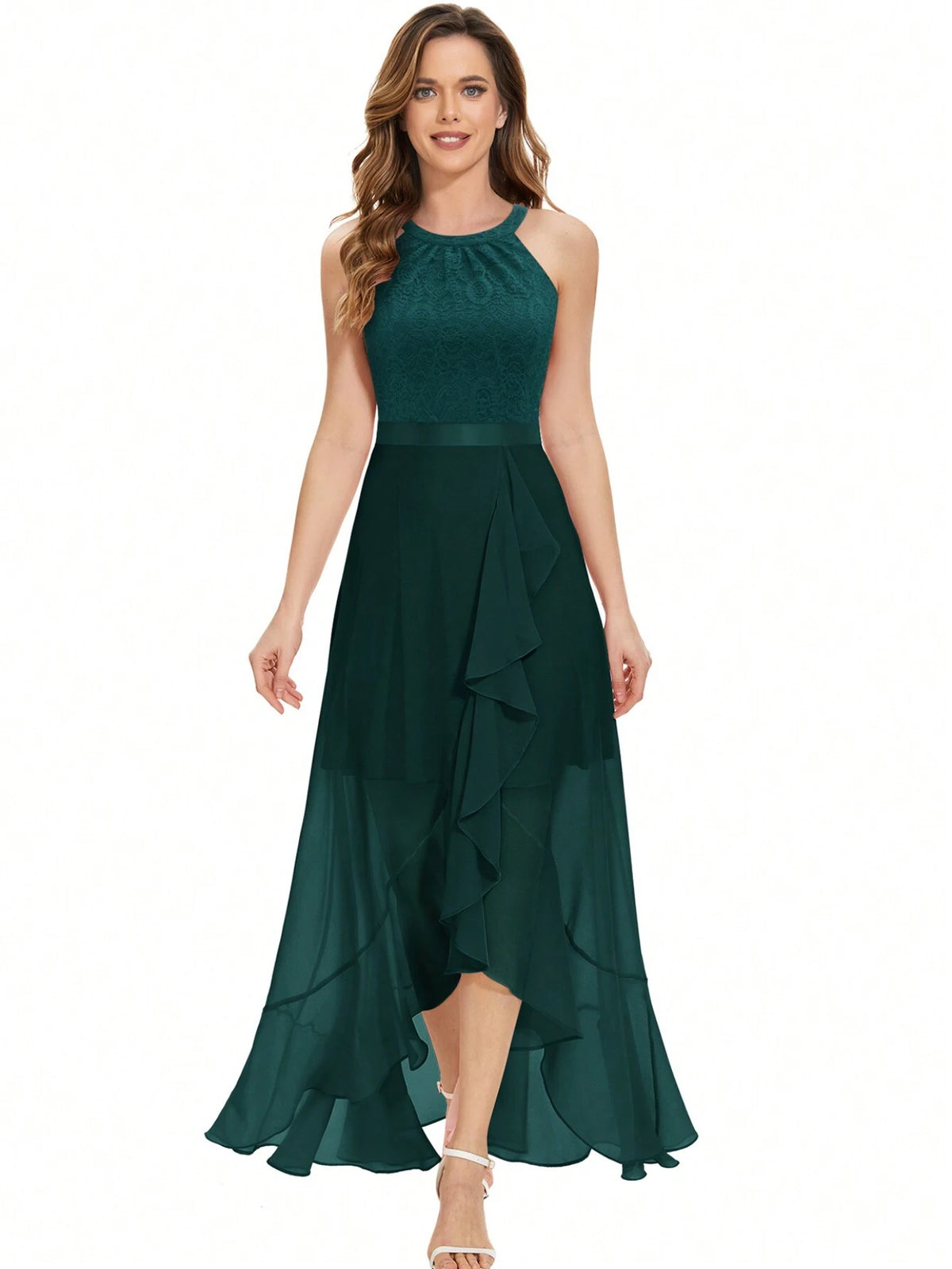 Round Neck Lace Tulle Long Party Dress Bridesmaid Wedding Guest Dress Fancy Dress