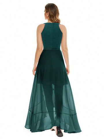 Round Neck Lace Tulle Long Party Dress Bridesmaid Wedding Guest Dress Fancy Dress