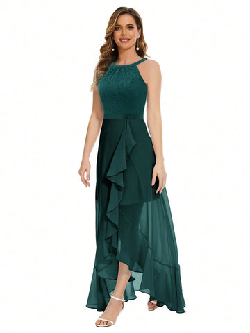 Round Neck Lace Tulle Long Party Dress Bridesmaid Wedding Guest Dress Fancy Dress