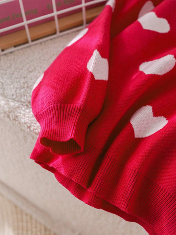 Round Neck Loose Casual Heart Pattern Knit Sweater For Young Girl