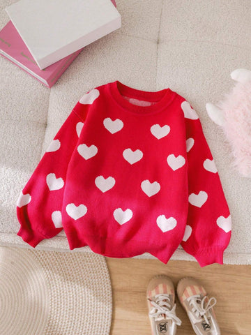 Round Neck Loose Casual Heart Pattern Knit Sweater For Young Girl