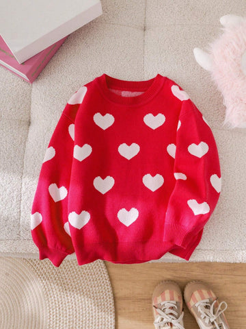Round Neck Loose Casual Heart Pattern Knit Sweater For Young Girl