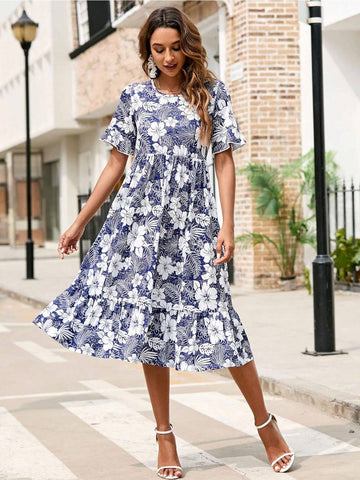 Round Neck Ruffled Sleeve And Side Pocket Dress