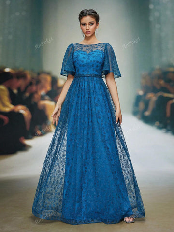 Round Neck See-Through Tube Top Short Sleeve Embroidered Lace Formal Dress