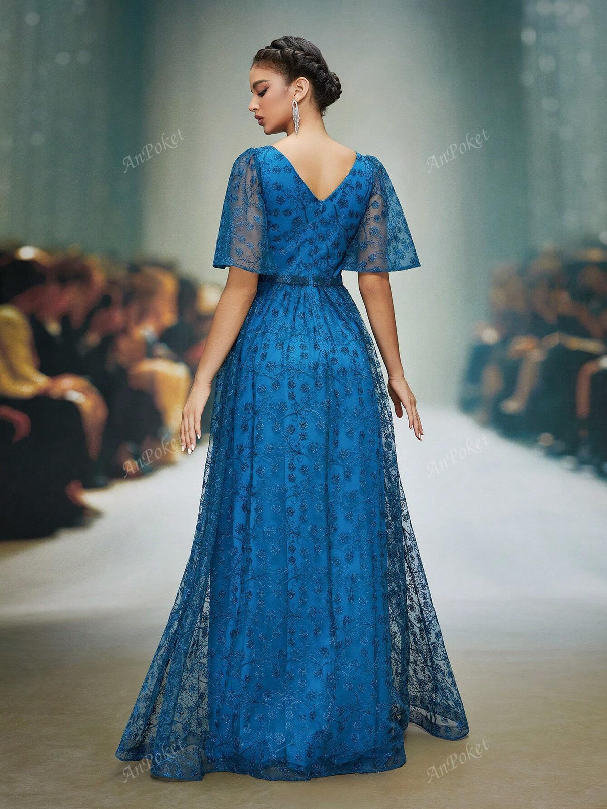 Round Neck See-Through Tube Top Short Sleeve Embroidered Lace Formal Dress