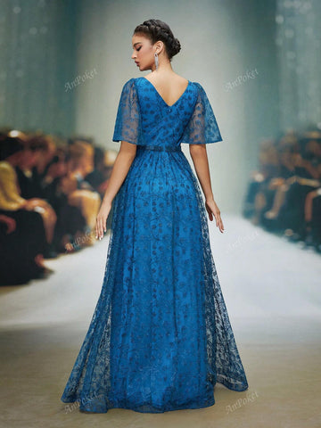 Round Neck See-Through Tube Top Short Sleeve Embroidered Lace Formal Dress