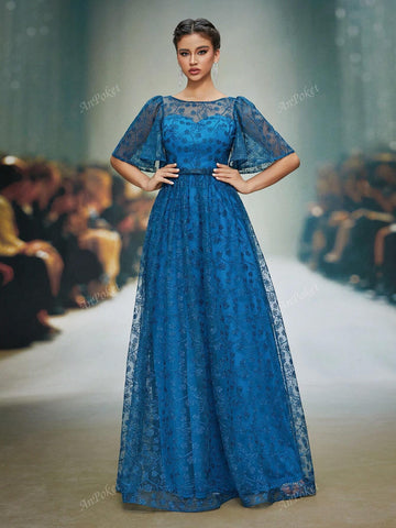 Round Neck See-Through Tube Top Short Sleeve Embroidered Lace Formal Dress