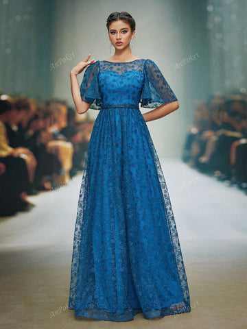 Round Neck See-Through Tube Top Short Sleeve Embroidered Lace Formal Dress