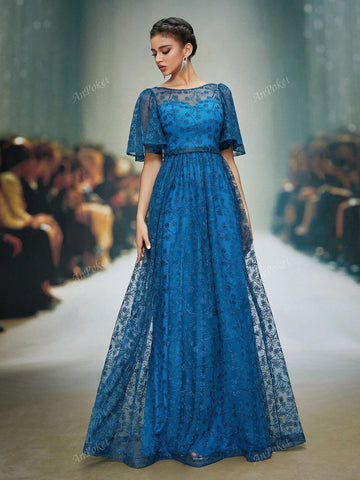 Round Neck See-Through Tube Top Short Sleeve Embroidered Lace Formal Dress