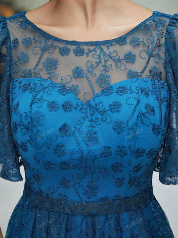 Round Neck See-Through Tube Top Short Sleeve Embroidered Lace Formal Dress