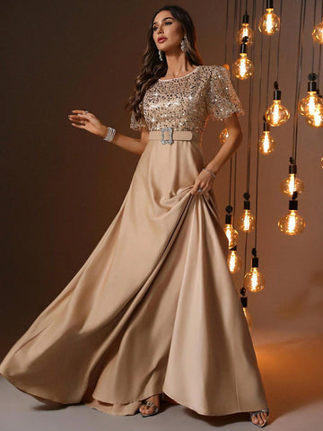 Round Neck Sequined Corset Contrast Satin Hem Gown Elegant Puff Sleeves Prom Evening Wedding Guest Dress For Graduation Ceremony, Dinner