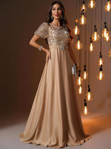 Round Neck Sequined Corset Contrast Satin Hem Gown Elegant Puff Sleeves Prom Evening Wedding Guest Dress For Graduation Ceremony, Dinner