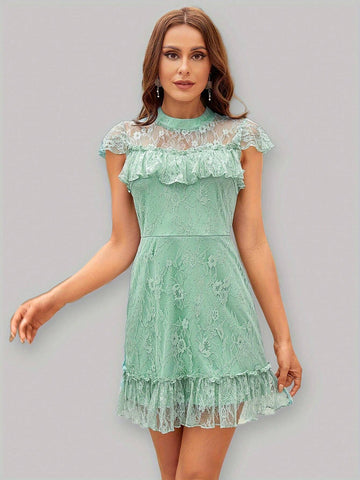 Round Neck Short Sleeve Lace Spliced Ruffle Hem Short Dress With Elastic Waistband