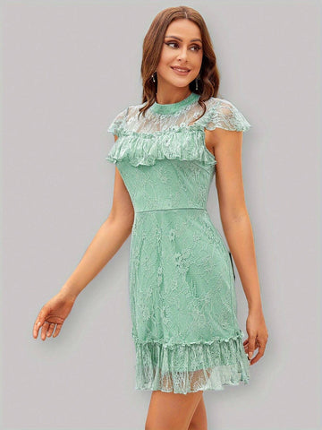 Round Neck Short Sleeve Lace Spliced Ruffle Hem Short Dress With Elastic Waistband