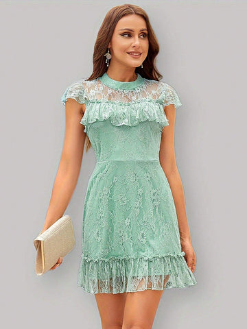 Round Neck Short Sleeve Lace Spliced Ruffle Hem Short Dress With Elastic Waistband
