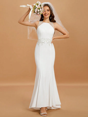 Round Neck Sleeveless Contrast Sequin Mermaid Hem Wedding Dress
