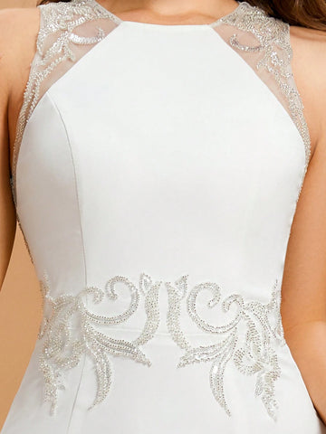 Round Neck Sleeveless Contrast Sequin Mermaid Hem Wedding Dress