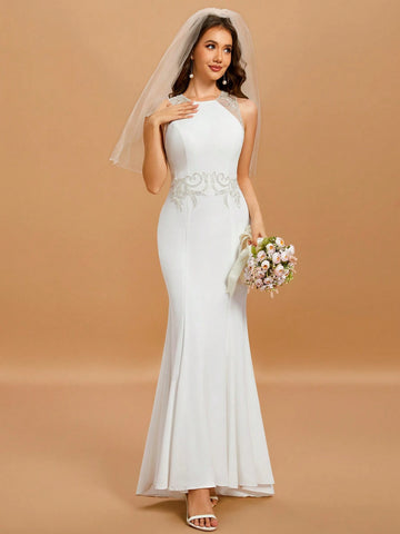 Round Neck Sleeveless Contrast Sequin Mermaid Hem Wedding Dress