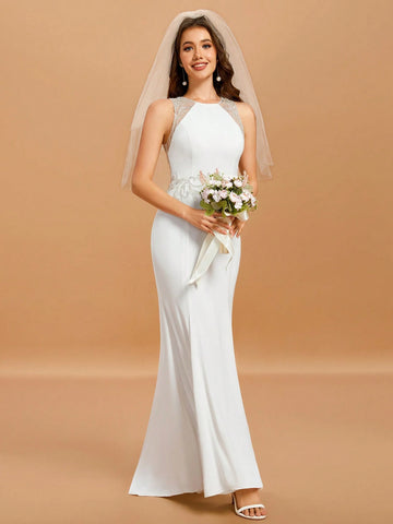 Round Neck Sleeveless Contrast Sequin Mermaid Hem Wedding Dress