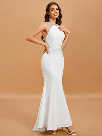 Round Neck Sleeveless Contrast Sequin Mermaid Hem Wedding Dress