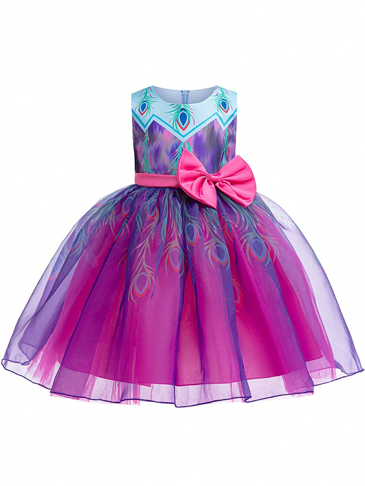 Round Neck Sleeveless Feather Print Dress With Bow Decor, Suitable For Role Play Parties, Young Girl